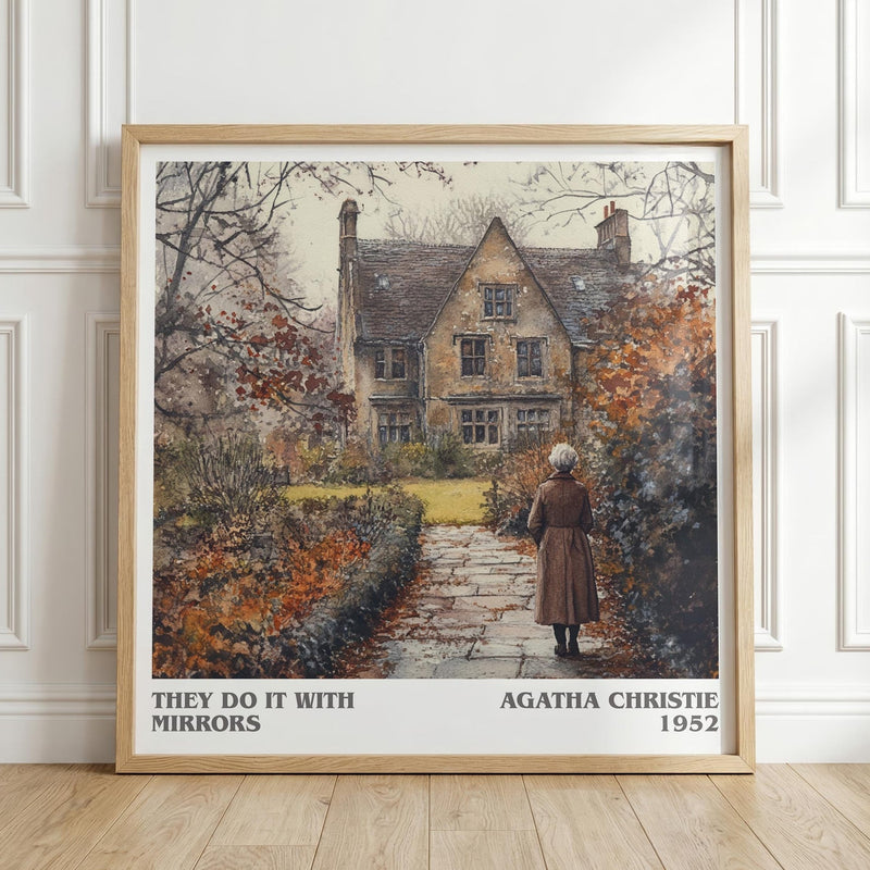 They Do It with Mirrors literary print in frame leaning in hallway – mystery wall art