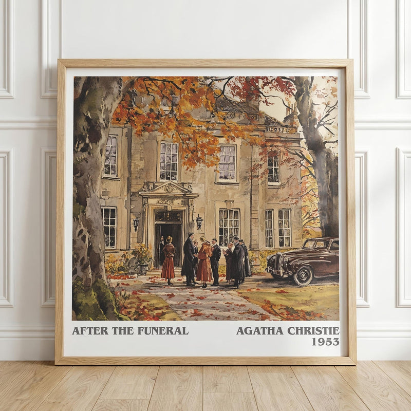 After the Funeral literary print in frame leaning in hallway – mystery wall art