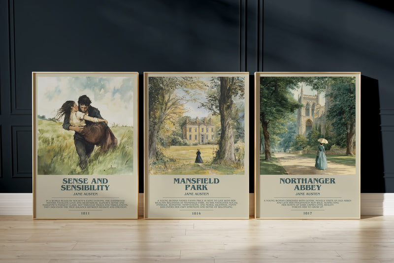 Jane Austen Classics: Sense And Sensibility, Mansfield Park, Northanger Abbey framed art prints