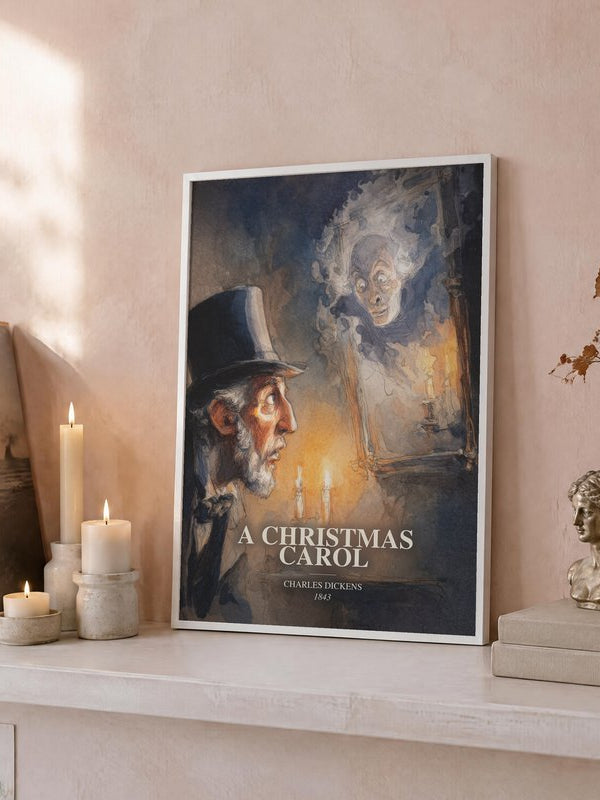 A Christmas Carol poster, framed in a room