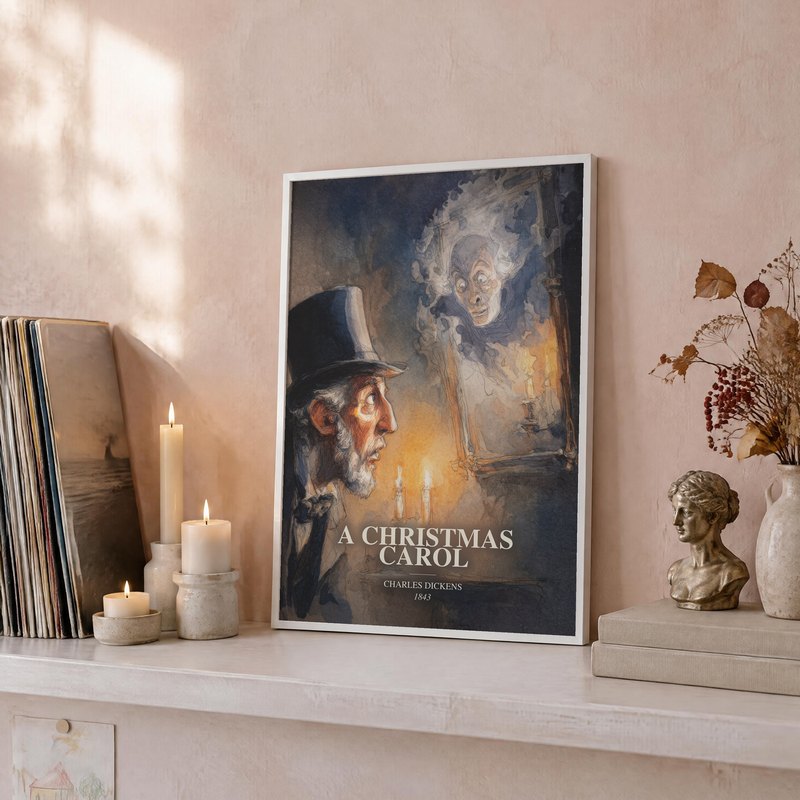 A Christmas Carol poster, framed in a room