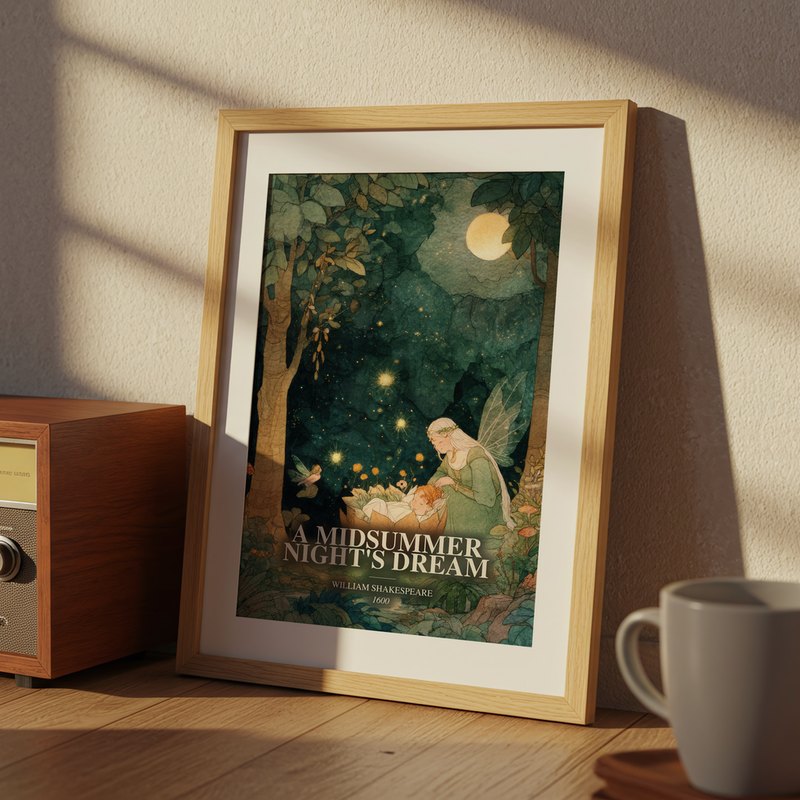 A Midsummer Night's Dream poster, framed in a room