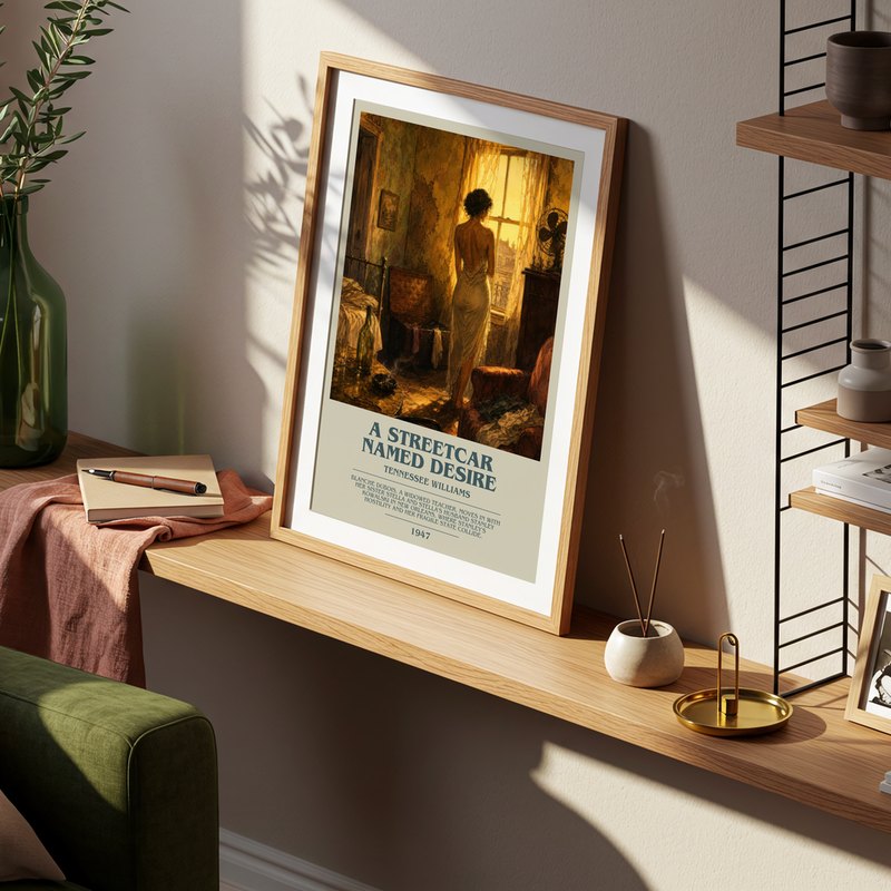 A Streetcar Named Desire poster, framed in a room