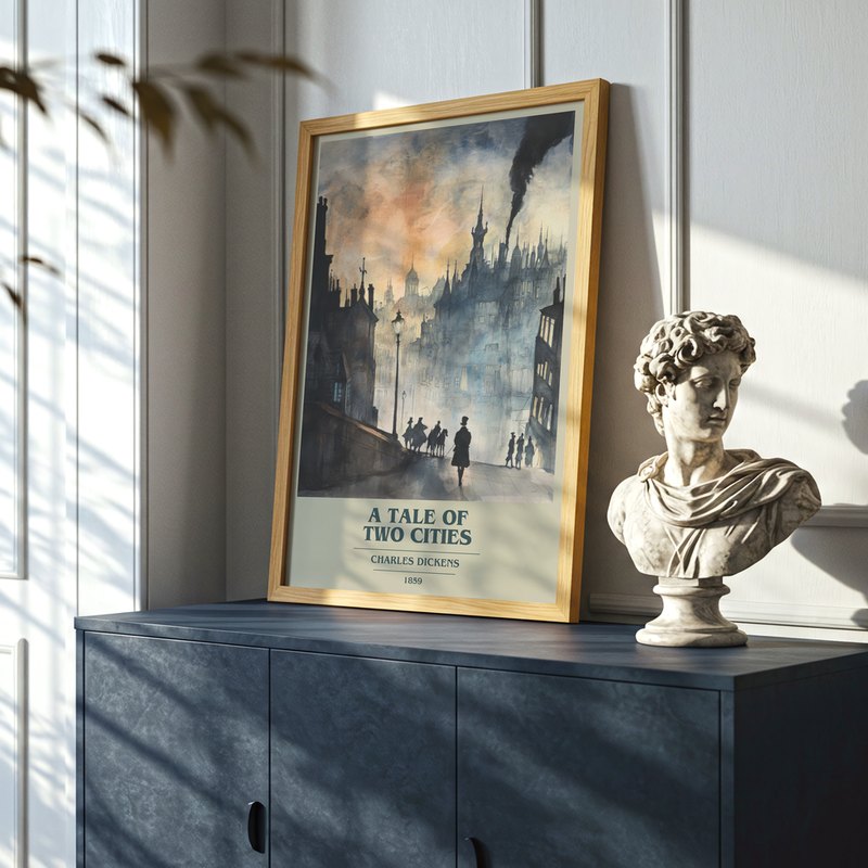 A Tale Of Two Cities poster, framed in a room