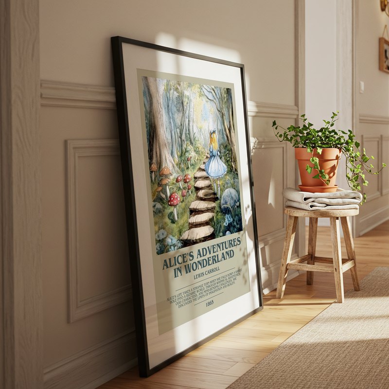 Alice's Adventures In Wonderland poster, framed in a room
