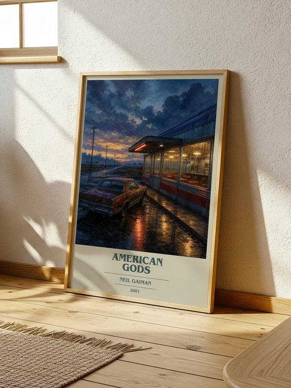 American Gods poster, framed in a room
