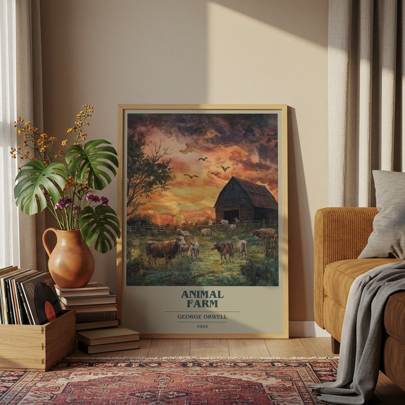 Animal Farm poster, framed in a room