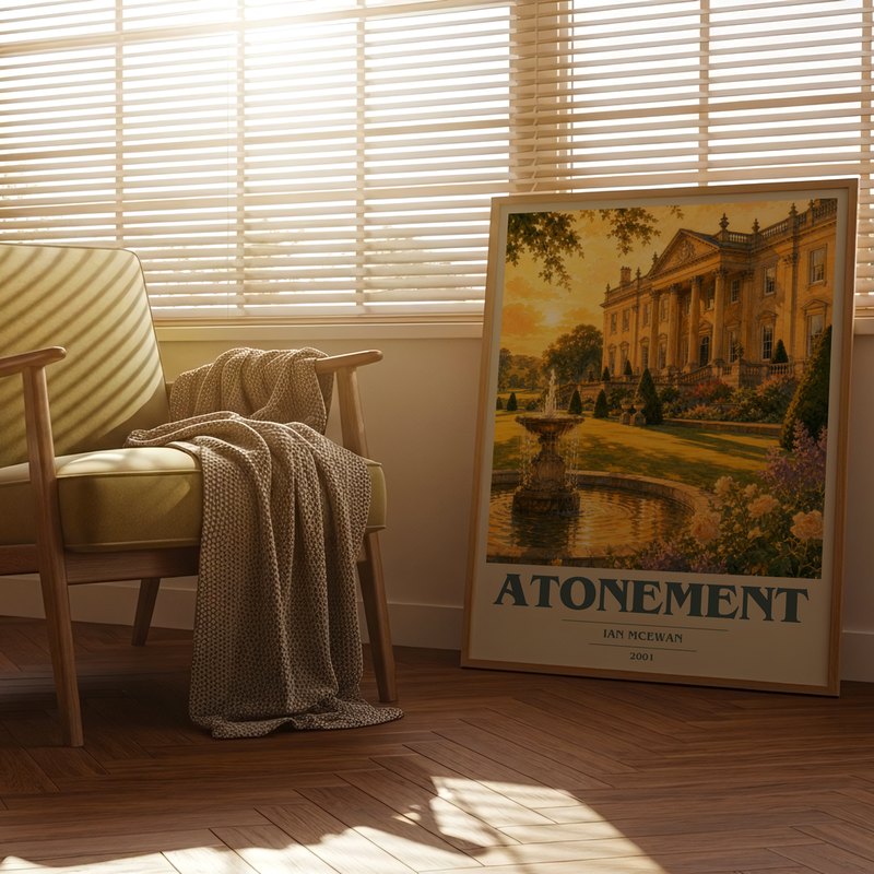 Atonement poster, framed in a room