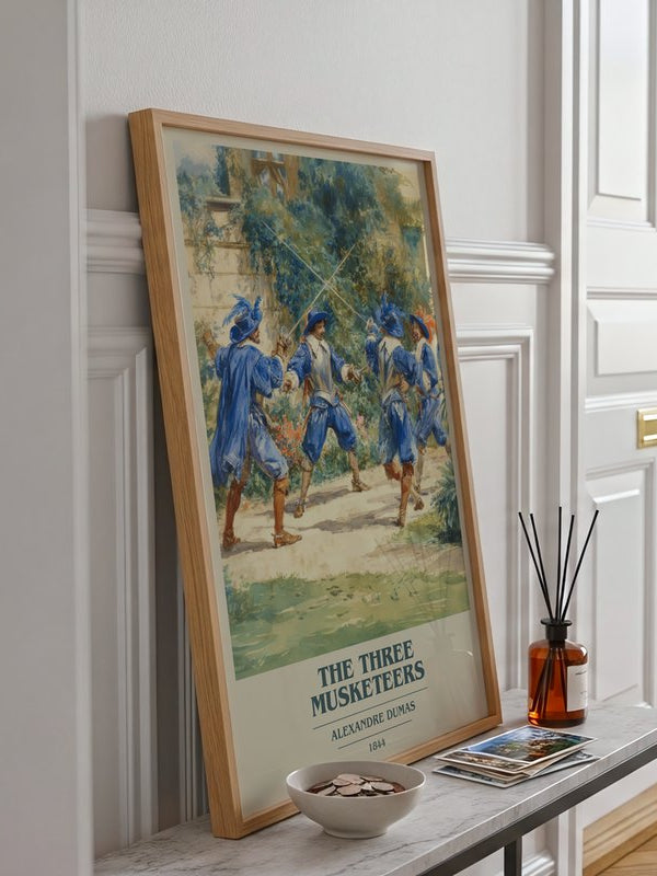 The Three Musketeers poster, framed in a room