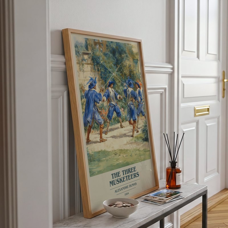 The Three Musketeers poster, framed in a room