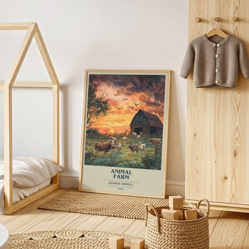 Animal Farm poster, framed in a room