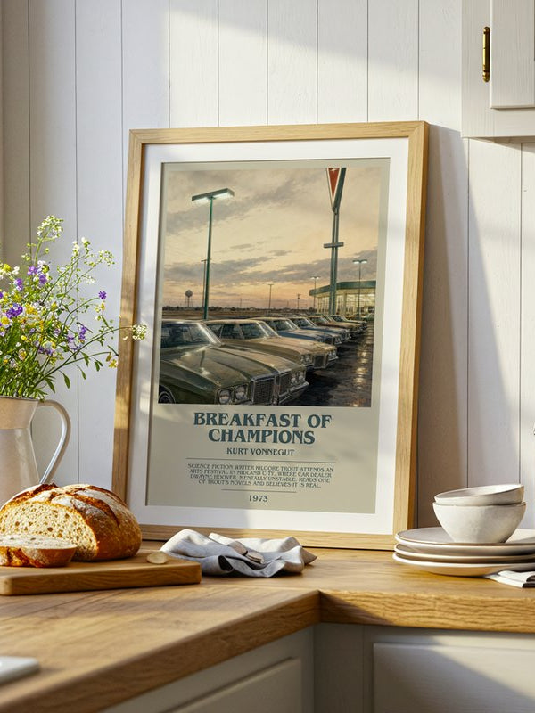 Breakfast of Champions poster, framed in a room