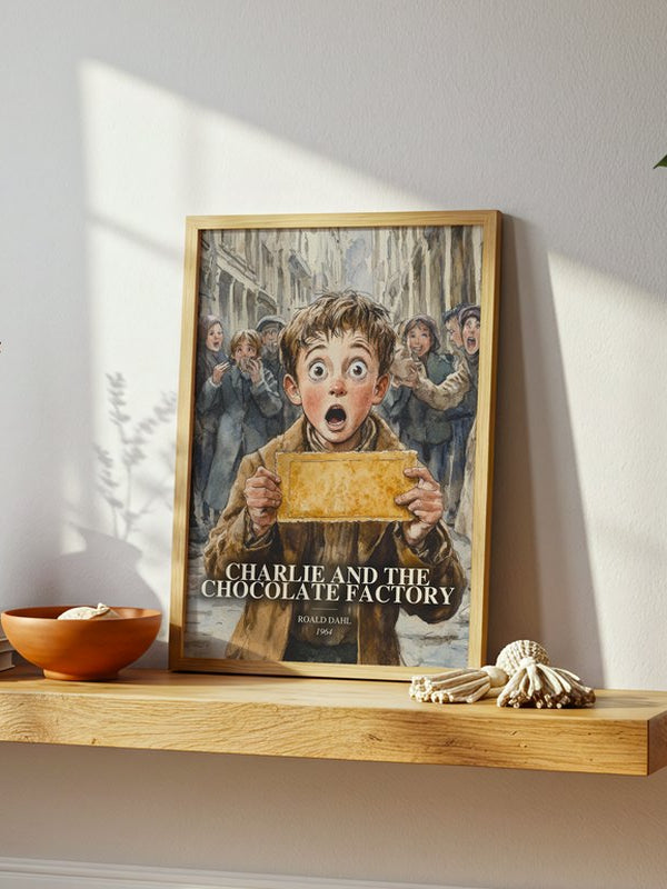 Charlie And The Chocolate Factory poster, framed in a room