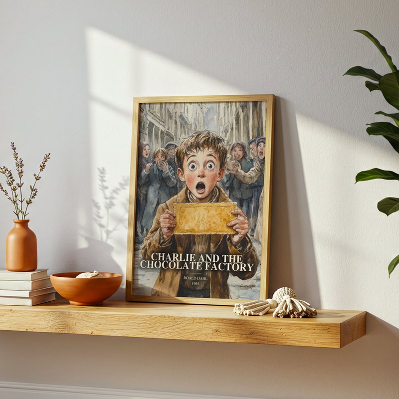 Charlie And The Chocolate Factory poster, framed in a room