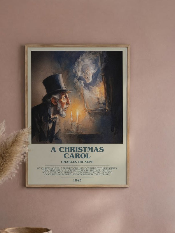 A Christmas Carol poster, framed in a room