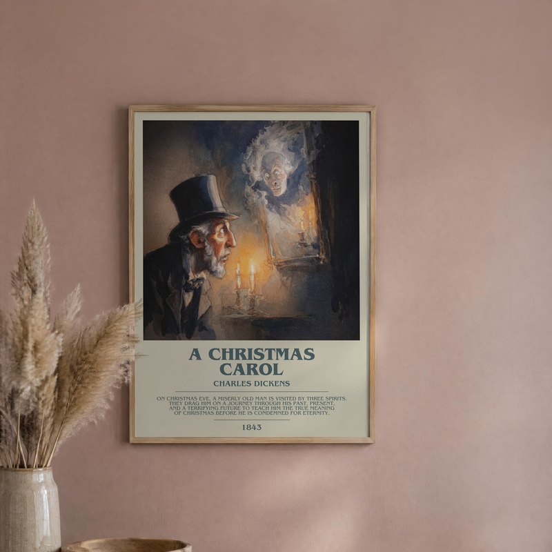 A Christmas Carol poster, framed in a room