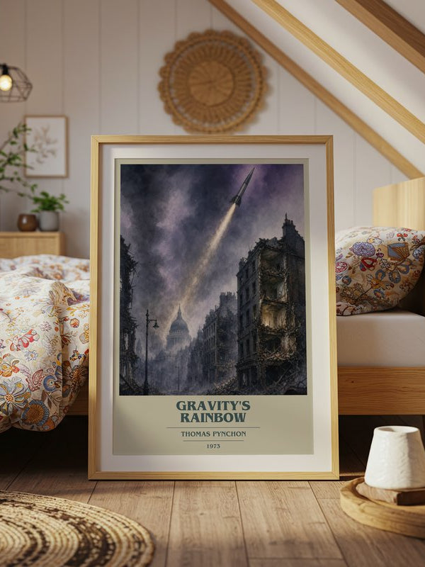 Gravity's Rainbow poster, framed in a room