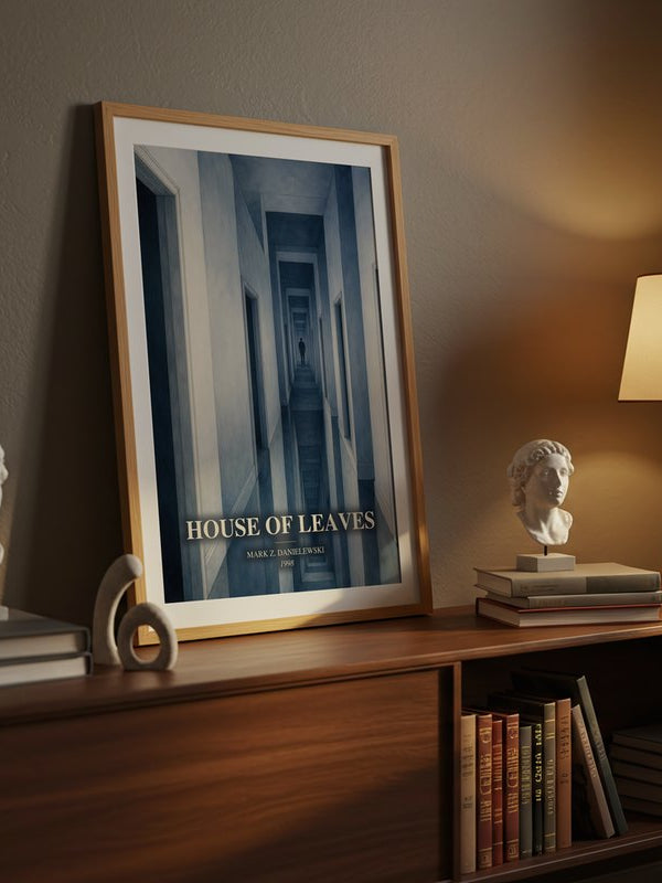 House of Leaves poster, framed in a room