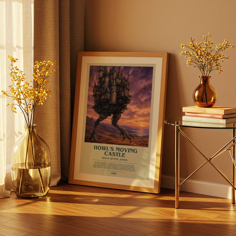 Howl's Moving Castle poster, framed in a room