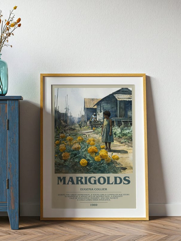 Marigolds poster, framed in a room