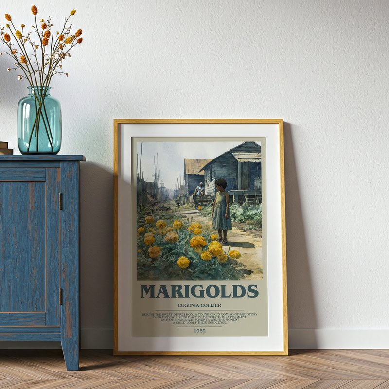 Marigolds poster, framed in a room