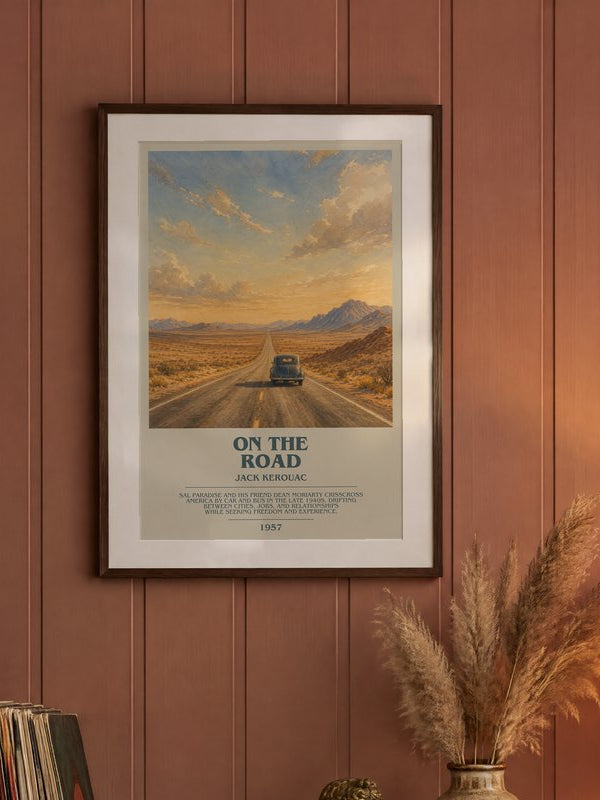 On the Road poster, framed in a room