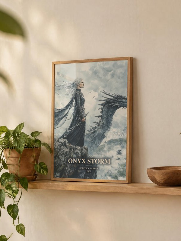 Onyx Storm poster, framed in a room