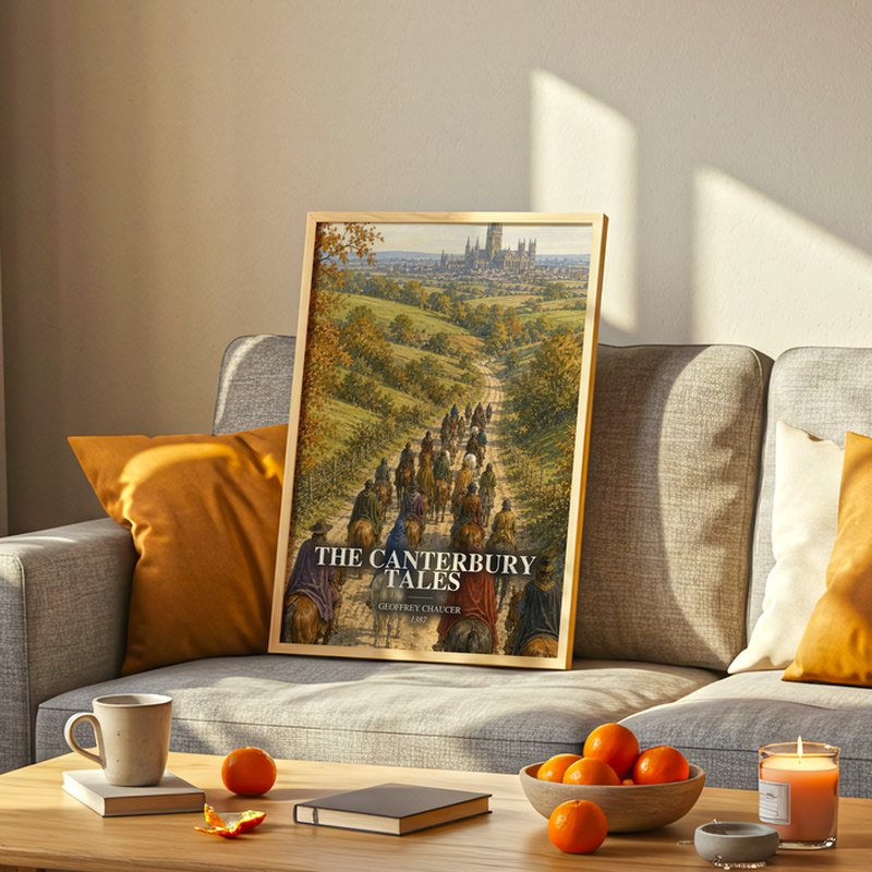 The Canterbury Tales poster, framed in a room