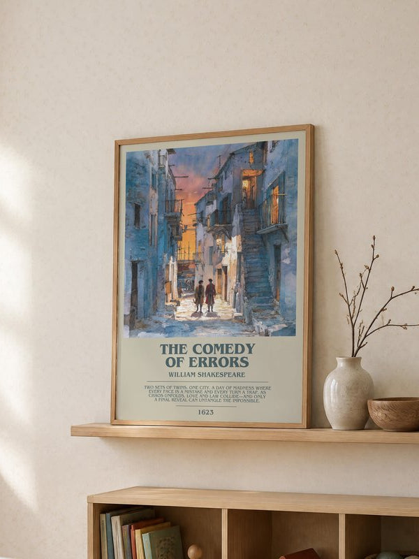 The Comedy Of Errors poster, framed in a room