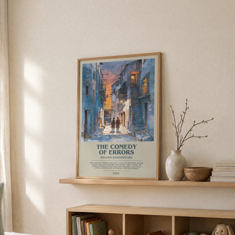 The Comedy Of Errors poster, framed in a room