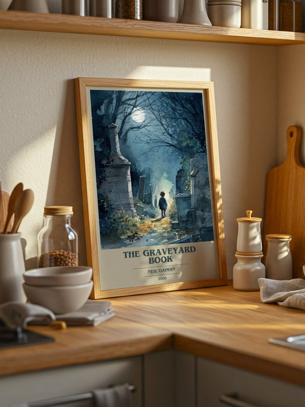 The Graveyard Book poster, framed in a room