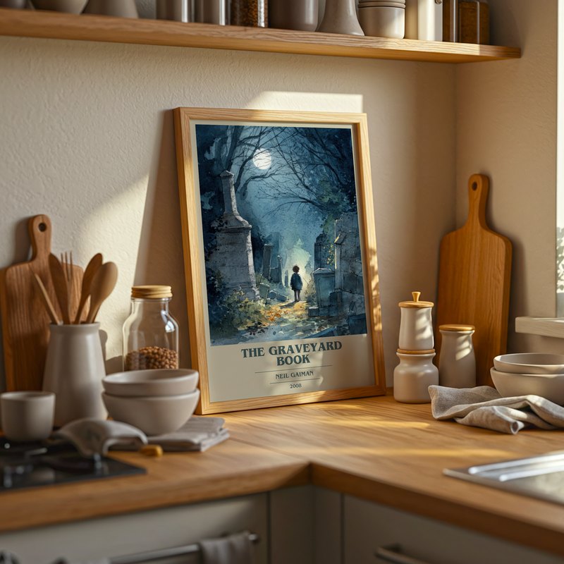 The Graveyard Book poster, framed in a room