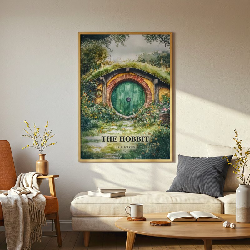 The Hobbit poster, framed in a room