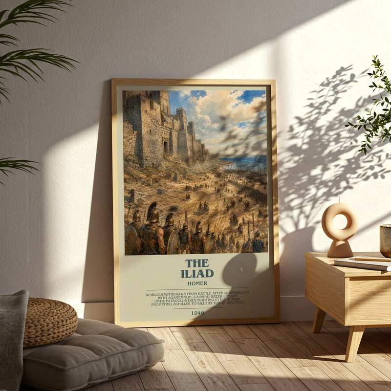 The Iliad poster, framed in a room