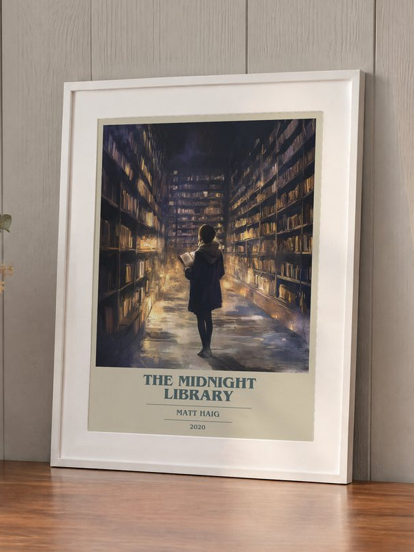 The Midnight Library poster, framed in a room