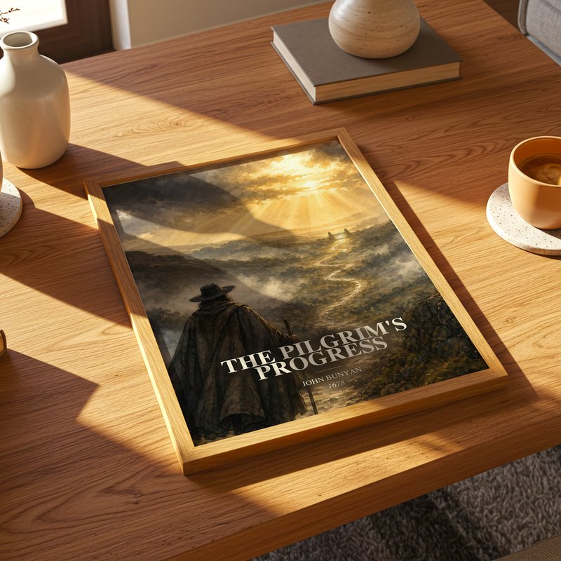 The Pilgrim's Progress poster, framed in a room