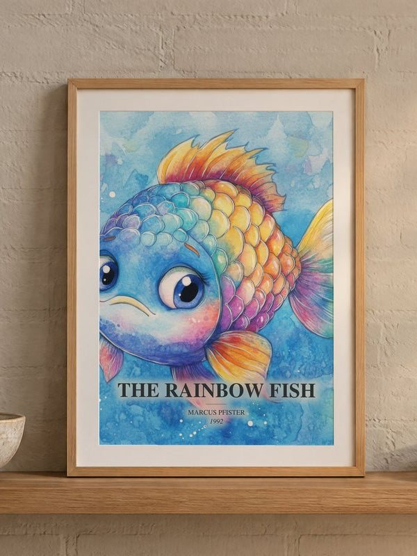 The Rainbow Fish poster, framed in a room