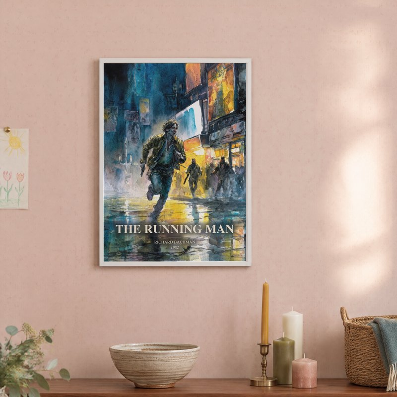 The Running Man poster, framed in a room