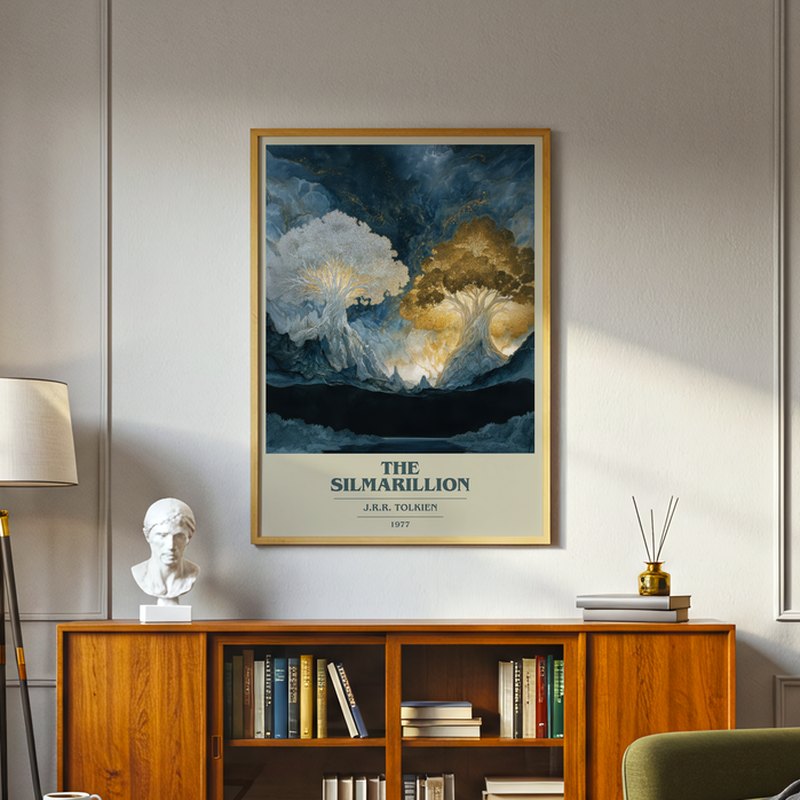 The Silmarillion poster, framed in a room
