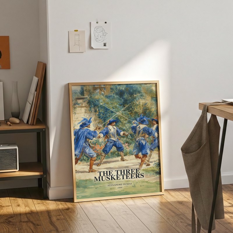 The Three Musketeers poster, framed in a room