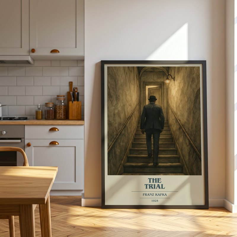 The Trial poster, framed in a room