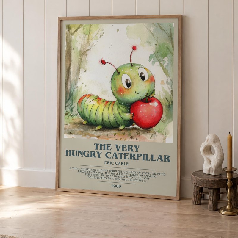 The Very Hungry Caterpillar poster, framed in a room