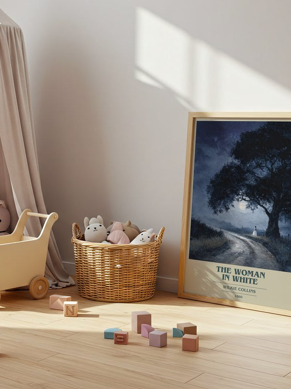 The Woman In White poster, framed in a room