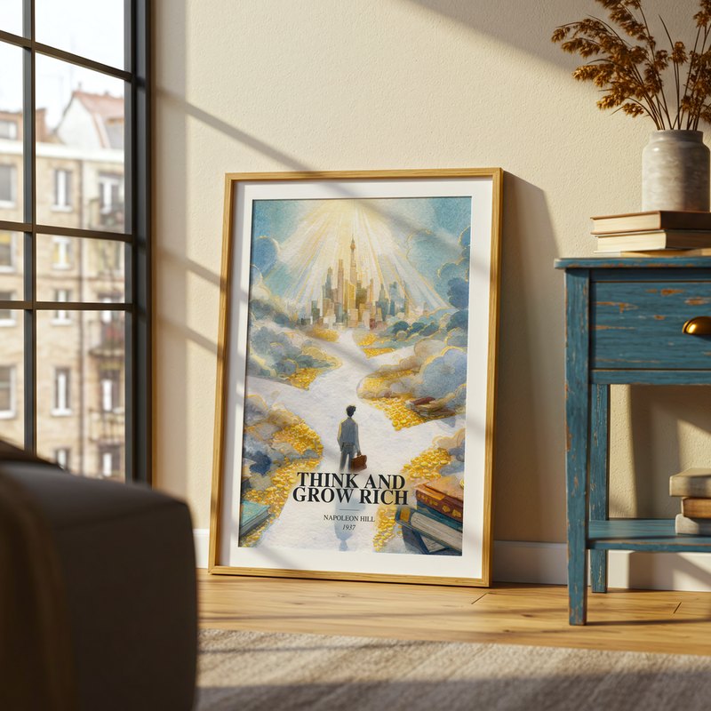 Think And Grow Rich poster, framed in a room
