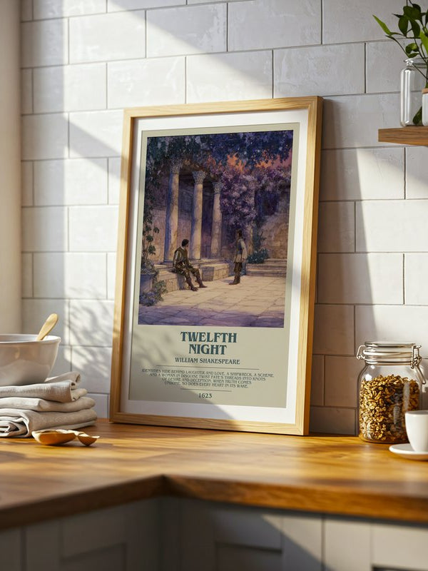 Twelfth Night poster, framed in a room
