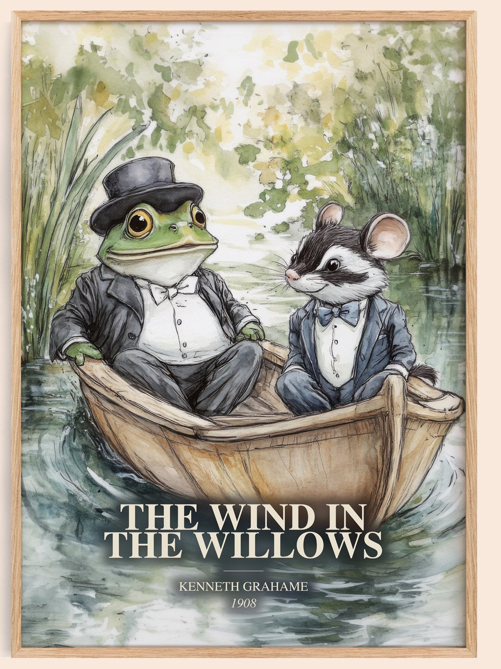 The Wind In The Willows watercolour book poster by Kenneth Grahame – framed literary art print