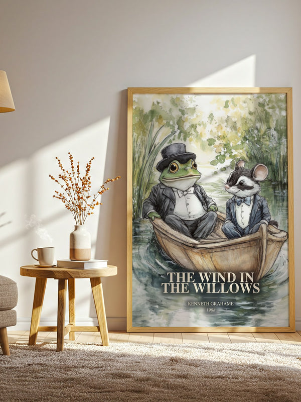 The Wind In The Willows watercolour print in frame leaning in hallway – childrens wall art