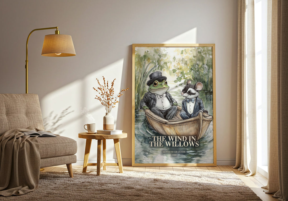The Wind In The Willows watercolour print in frame leaning in hallway – childrens wall art (mockup)