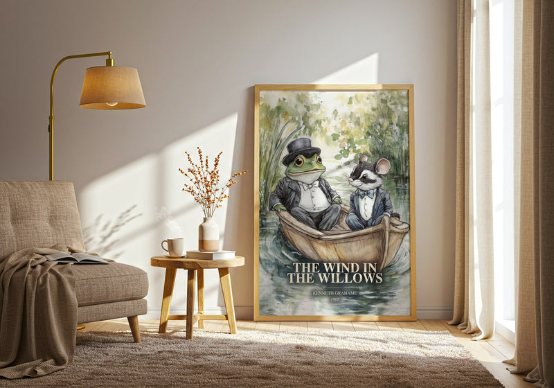 The Wind In The Willows watercolour print in frame leaning in hallway – childrens wall art