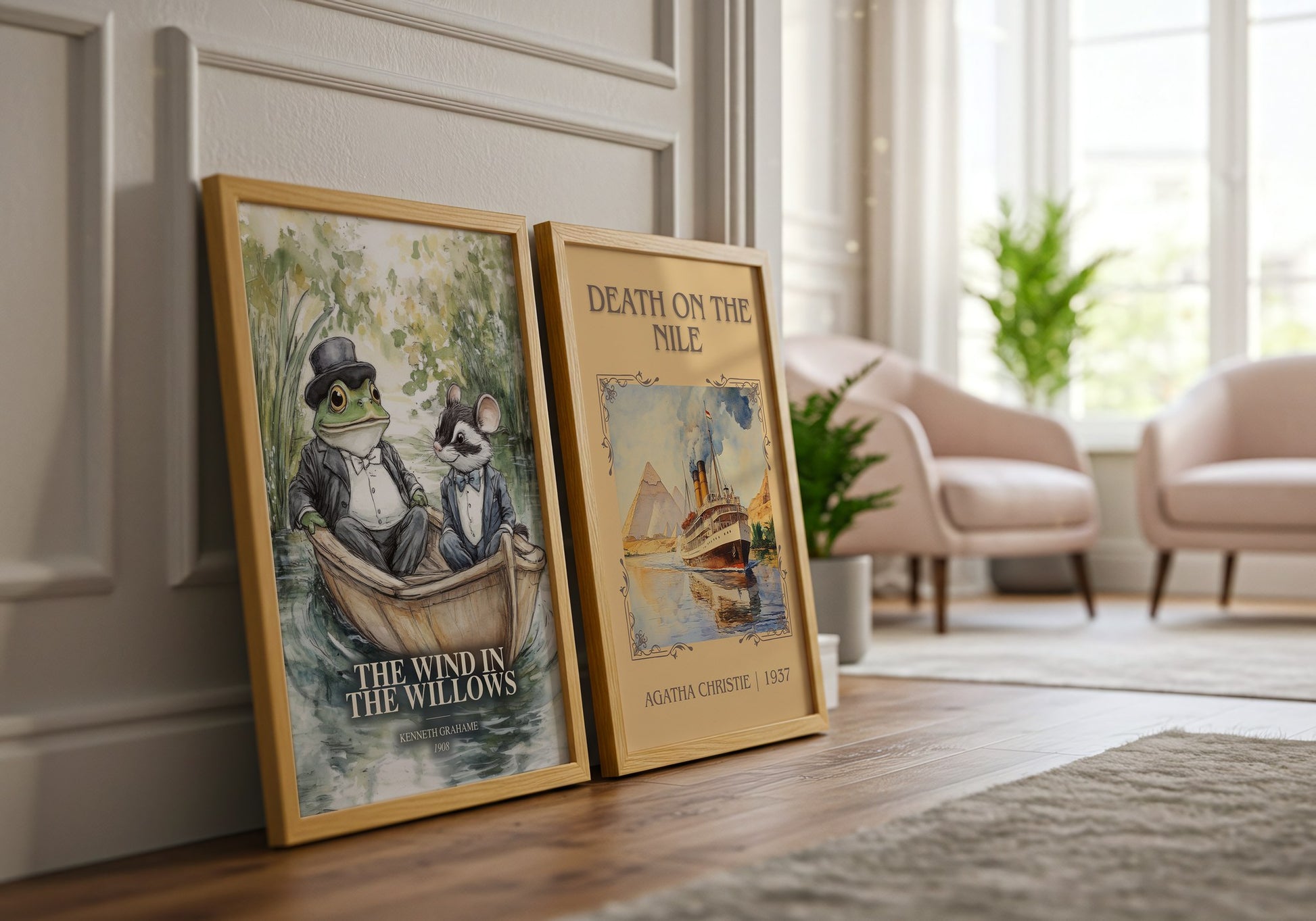 The Wind In The Willows watercolour print framed by window – literary home decor